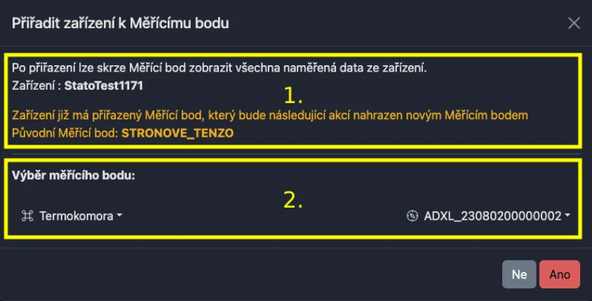 Dialog pro přiřazení zařízení k měřícímu bodu